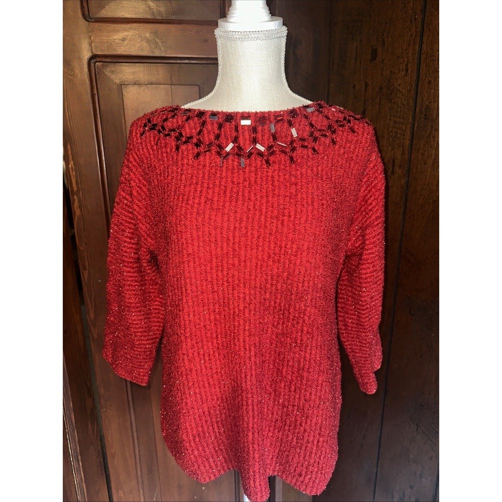 Ruby Rd Sweater Womens XL Metallic Beaded Red Pullover Shimmer Valentine Party